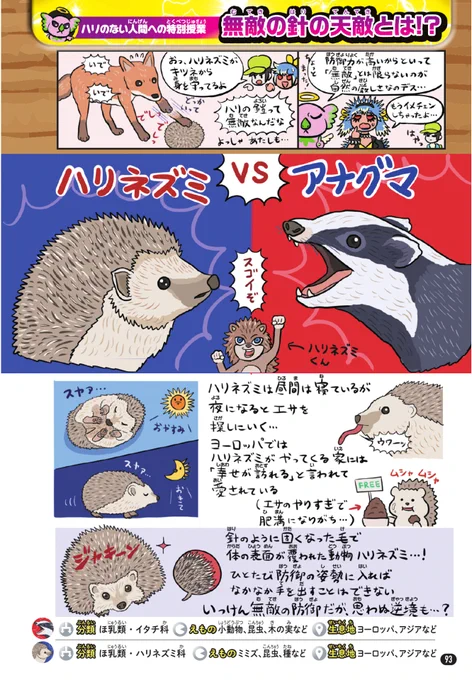 『アナグマ国へ』面白かった記念(?)で #ゆかいないきもの超図鑑 より「ハリネズミvsアナグマ」ページを特別公開。英国の愛されし固有種アナグマが、保護活動も功を奏して数を増やしたものの、逆にハリネズミにとっては受難という複雑な状況。図解にも書いたようにうまく共存してほしいものですが… 