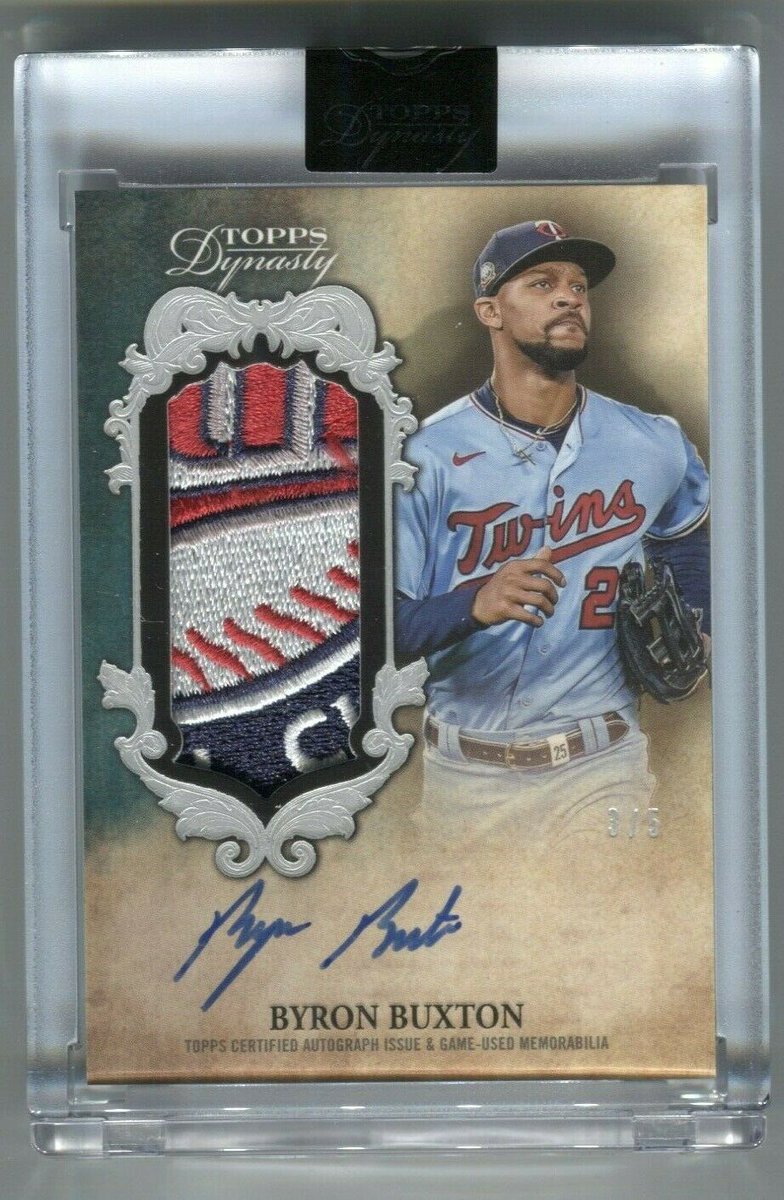 RyanSchwartz78's tweet photo. Anyone have a vertical Buxton 2021 Dynasty Patch Auto for sale?  There are several horizontal on eBay but looking for a vertical one /5 like the one pictured.  Thanks.  @CardPurchaser @OldTownCards https://t.co/lCGtQmlFws