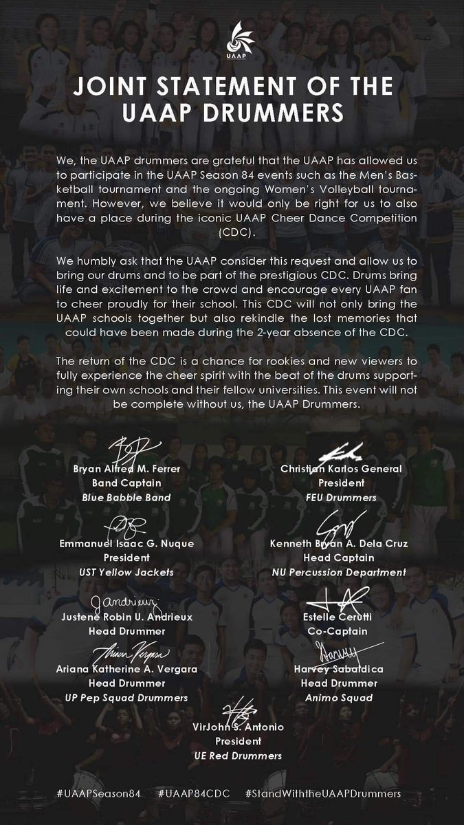 Cezthehappyclam's tweet photo. #UAAPSeason84
#ChampionsForLife
#FullyAlive
@upmaroonclub
#StandwiththeUAAPdrummers 
#UAAP
#UAAP84CDC

After all the crowds during the UPMBT games?

Hope UAAP will reconsider for the upcoming UAAP Cheer Dance Competition. https://t.co/KUk0uawalm