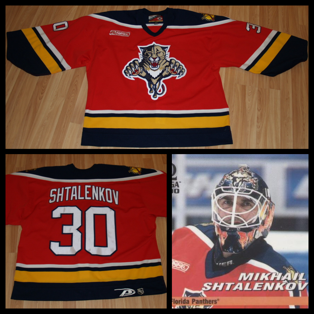 Today's #PieceofHistory at Heroes of the Crease is a #gameworn 1999-00 #FloridaPanthers Road jersey used by Mikhail Shtalenkov in his final season in the #NHL. It features very light wear as to be expected given that he only played in 15 total games with the Panthers that season. https://t.co/TtlEYPoWLY