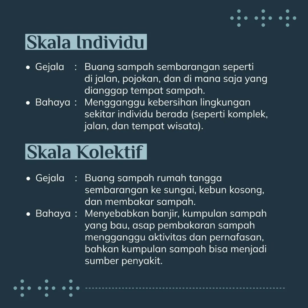 Kita harus lebih bijak mengelola sampah, karena setiap harinya kita menghasilkan sampah

<a href="/LPDP_RI/">#DiriUntukNegeri</a>
#LPDP #PK186 #JenggalaSamudra #BersamaBangunNegeri #DiriUntukNegeri #AkuPastiMengabdi #SDMUnggulIndonesiaMaju #SatuDekadeLPDPSemakinBerintgritas #KampanyeSosial