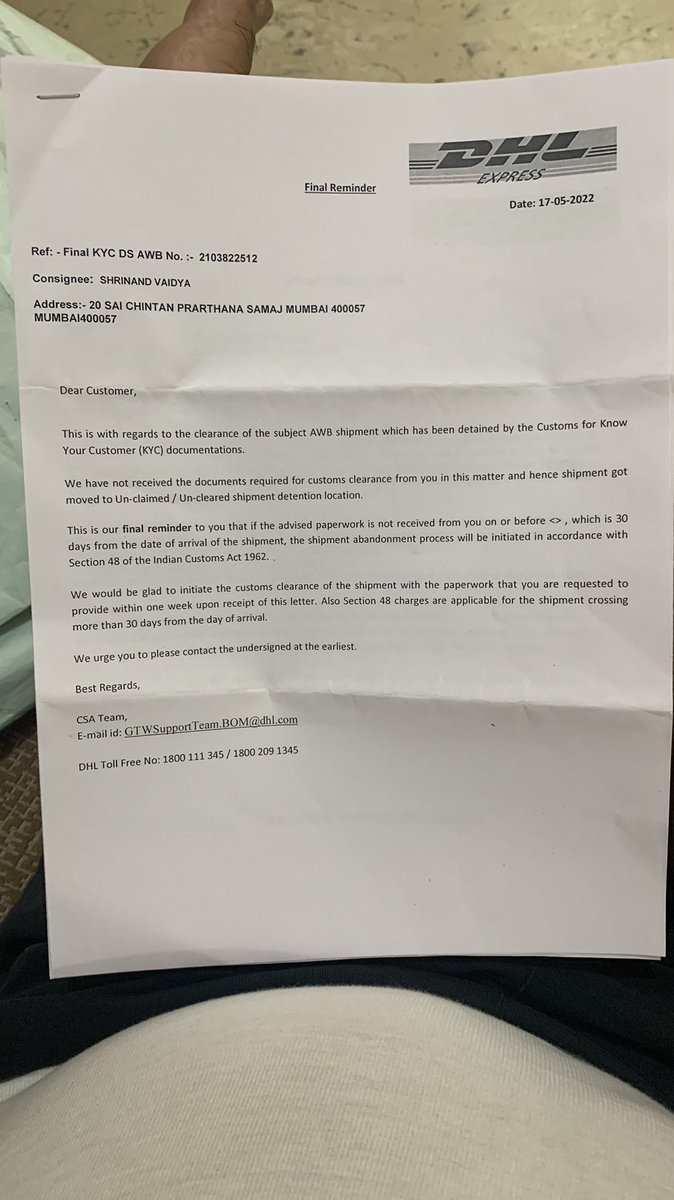 svvaidya's tweet photo. @DHLExpressIndia Re: AWB 2103822512@ vikas anand# Vikas Anand. Sir just imagine : as a respected doctor, everytime I get newer issue of a American journal, I have to prove my KYC, received as a letter shows, in a very threatening disrespectful langauge? https://t.co/X6TX7a7NUS