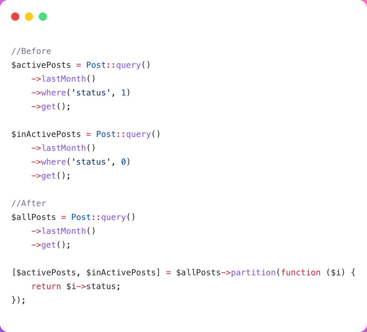 TheLaravelDev's tweet photo. In order to avoid hitting the DB multiple times in case of expensive query, you can get all the data in 1 query and then filter the Data at PHP Level. 

Partition method of Collection comes handy in such cases. An example below. https://t.co/IDWNSSNrr5