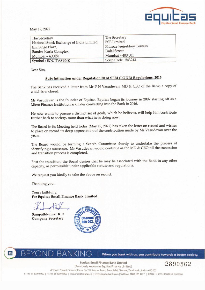 The Banker with a Soul behind the Bank with a Soul! 

Here is a letter from our Banker with a Soul -  PN Vasudevan. 

#leadership #bank #inspiration #model #leader #equitas #equitasbank #MD #vasudevan