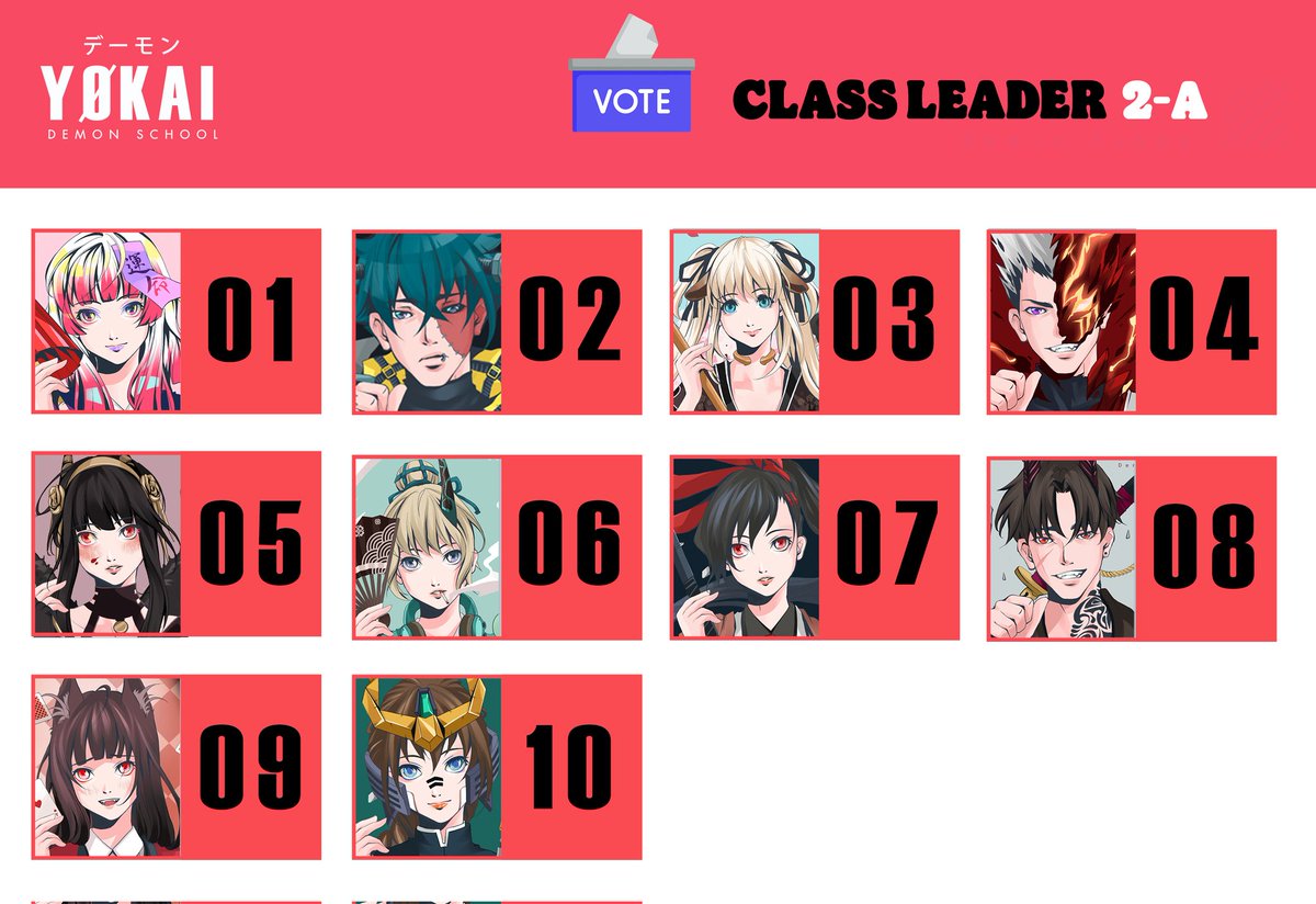 Giveaway! 🎉🎉
Let's vote class leader Class 2-A 
🚩How to enter
- type the number you like most
- tag 2 friends
- Like&amp;retweet
🚩Rewards
- Airdrop "Yokai collection" for a class leader
- Airdrop "What the fox collection" for everyone(raffle x1)
📌opensea.io/collection/wtf…