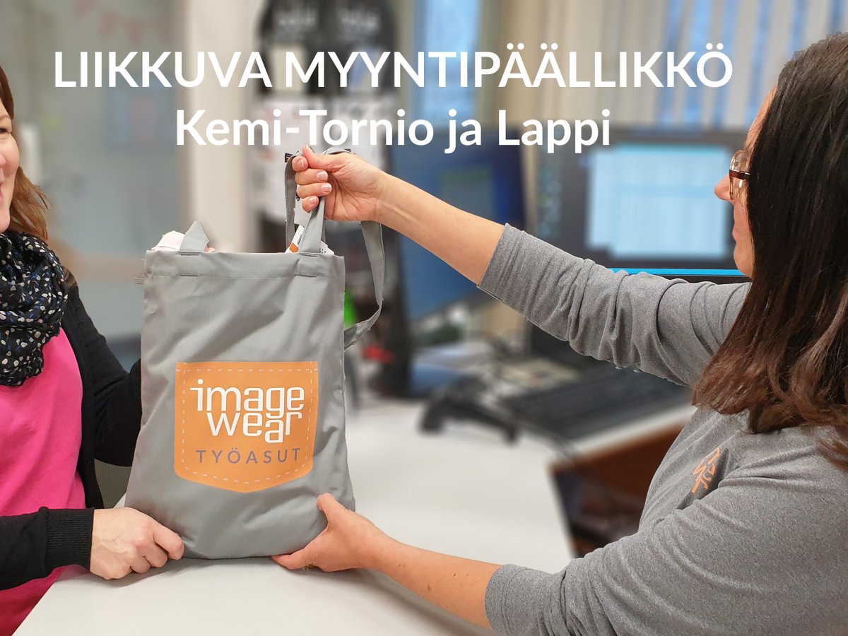 Haemme vakituiseen työsuhteeseen LIIKKUVAA MYYNTIPÄÄLLIKKÖÄ Kemi-Tornion ja Lapin alueelle.
imagewear.fi/pages/avoimet-… 
Kirjalliset hakemukset ja CV:t palkkatoiveineen 31.5. mennessä osoitteeseen: HR@imagewear.fi #imagewearoy #parempiatyöpäiviä #rekry  #myynti  #avoimettyöpaikat