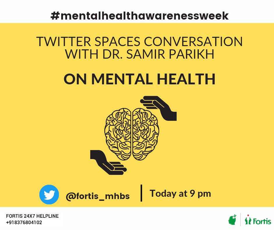 A #TwitterSpaces conversation with <a href="/dr_samirparikh/">Dr. Samir Parikh 🇮🇳</a> on mental health 
#mentalhealthawarenessweek
#mentalhealthmatters today at 9 pm
  
#spaces  
#mindspace