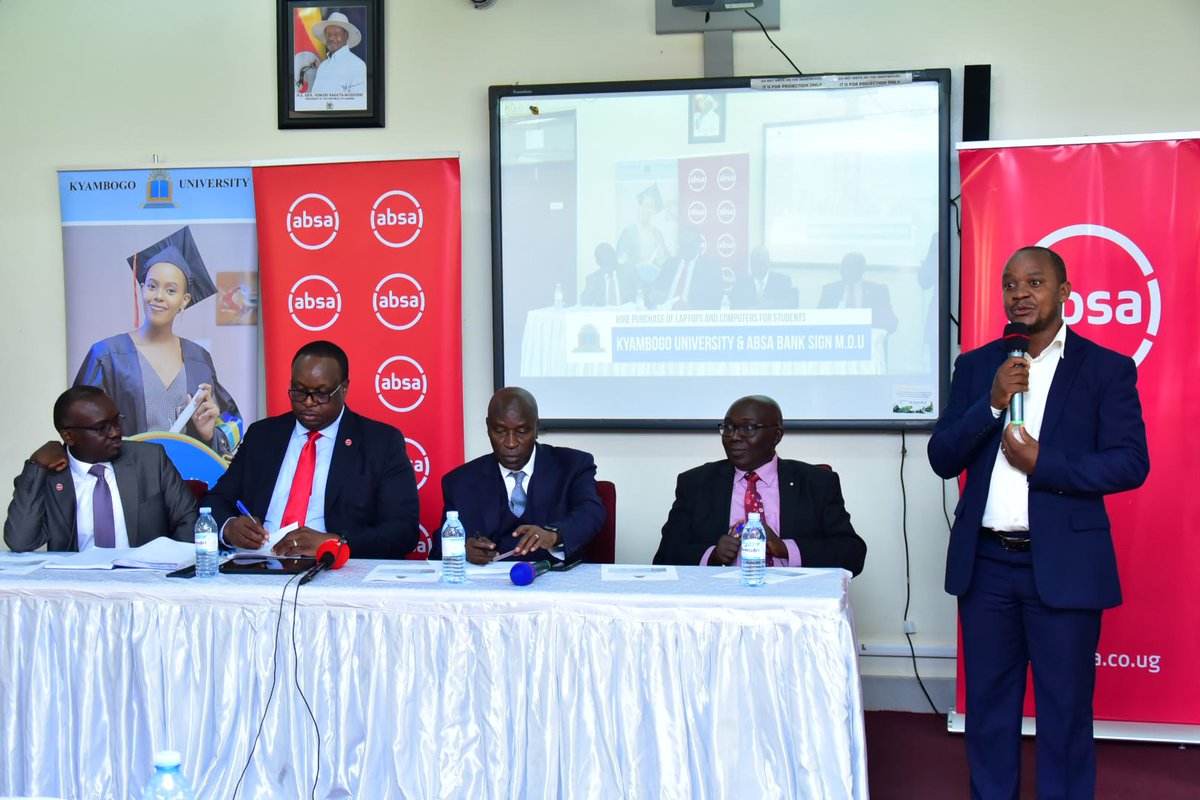 SergeTumwine18's tweet photo. Yesterday, @kyambogou, signed a M.o.U with @AbsaUganda for hire purchase of computers and laptops for students and staff. @EliKatunguka, our Vice Chancellor and @MumbaKalifungwa signed the Understanding. Great information for Kyambogo University family👏
#KnowledgeAndSkills https://t.co/yg95qsJYoA