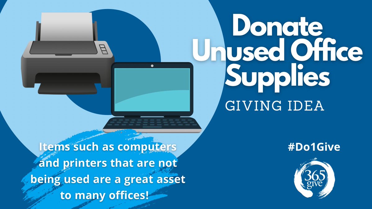 365give's tweet photo. Do you have any unused office supplies lying around your home? 🏠 

Whether that be a computer, printer or even pens and pencils, donate these supplies as they can be put to great use! 📥🖨

#bekind #365give #do1giveday #do1give #giving #givingback #office #supplies #kindness https://t.co/E9mV49VgCQ
