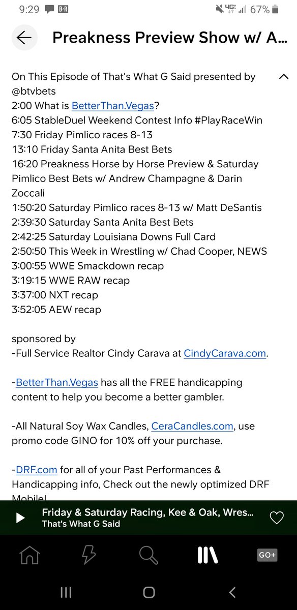 Gino Buccola (@itsmeginob) on Twitter photo New ep:#ThatsWhatGSaid presented by betterthan.vegas <a href="/btvbets/">Better Than Vegas</a>.
-#Preakness & Pimlico Saturday w/ <a href="/AndrewChampagne/">Andrew Champagne</a> <a href="/atTheTrack7/">Darin Zoccali</a> & <a href="/failedtomenace/">Matthew DeSantis</a>
-Friday <a href="/PimlicoRC/">Pimlico</a> & <a href="/santaanitapark/">Santa Anita Park</a>
-Saturday <a href="/LouisianaDowns/">Louisiana Downs Racetrack & Casino</a>
-This Week in Wrestling w/<a href="/thechadcooper/">Chad Cooper 📸</a>
soundcloud.app.goo.gl/Q5qmw New ep:#ThatsWhatGSaid presented by betterthan.vegas <a href="/btvbets/">Better Than Vegas</a>.
-#Preakness & Pimlico Saturday w/ <a href="/AndrewChampagne/">Andrew Champagne</a> <a href="/atTheTrack7/">Darin Zoccali</a> & <a href="/failedtomenace/">Matthew DeSantis</a>
-Friday <a href="/PimlicoRC/">Pimlico</a> & <a href="/santaanitapark/">Santa Anita Park</a>
-Saturday <a href="/LouisianaDowns/">Louisiana Downs Racetrack & Casino</a>
-This Week in Wrestling w/<a href="/thechadcooper/">Chad Cooper 📸</a>
soundcloud.app.goo.gl/Q5qmw