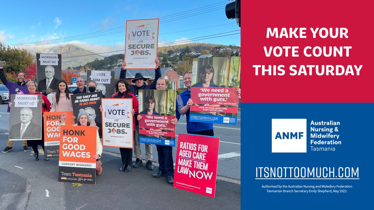 ANMFTasmania's tweet photo. ANMF staff joined forces with @tasunions this morning to highlight the need to change the government at tomorrow’s federal election.
✅ Vote to change the government to fix health and aged care this Federal Election.
#itsnottoomuch #ratios #agedcare #auspol#anmftas #vote https://t.co/KUMCnW5VSi