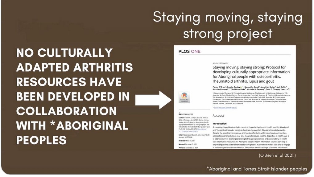 Brooke Conley on Development of culturally appropriate arthritis information resources for Aboriginal and Torres Strait Islander peoples. 
Rigorous approach with use of 'yarning' to gain best insights #ARA22 <a href="/ArthritisAust/">Arthritis Australia</a>