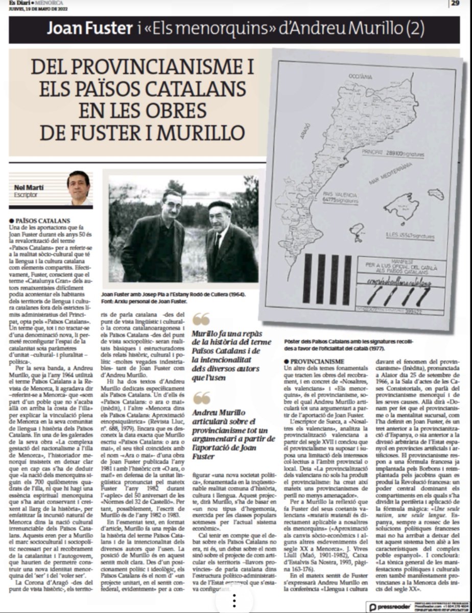 nel_marti's tweet photo. 📌 «Joan Fuster, i "Els menorquins" d'Andreu Murillo» (II). Article publicat a @esdiarimenorca (19/05/2022): «Del provincianisme i els Països Catalans en les obres de Fuster i Murillo»
#anyfuster #Menorca #DigCompIBSTEAM #IniciacióxarxesIBSTEAM @PrincessandOwl @ibsteam_caib https://t.co/dQzMJPv9jO
