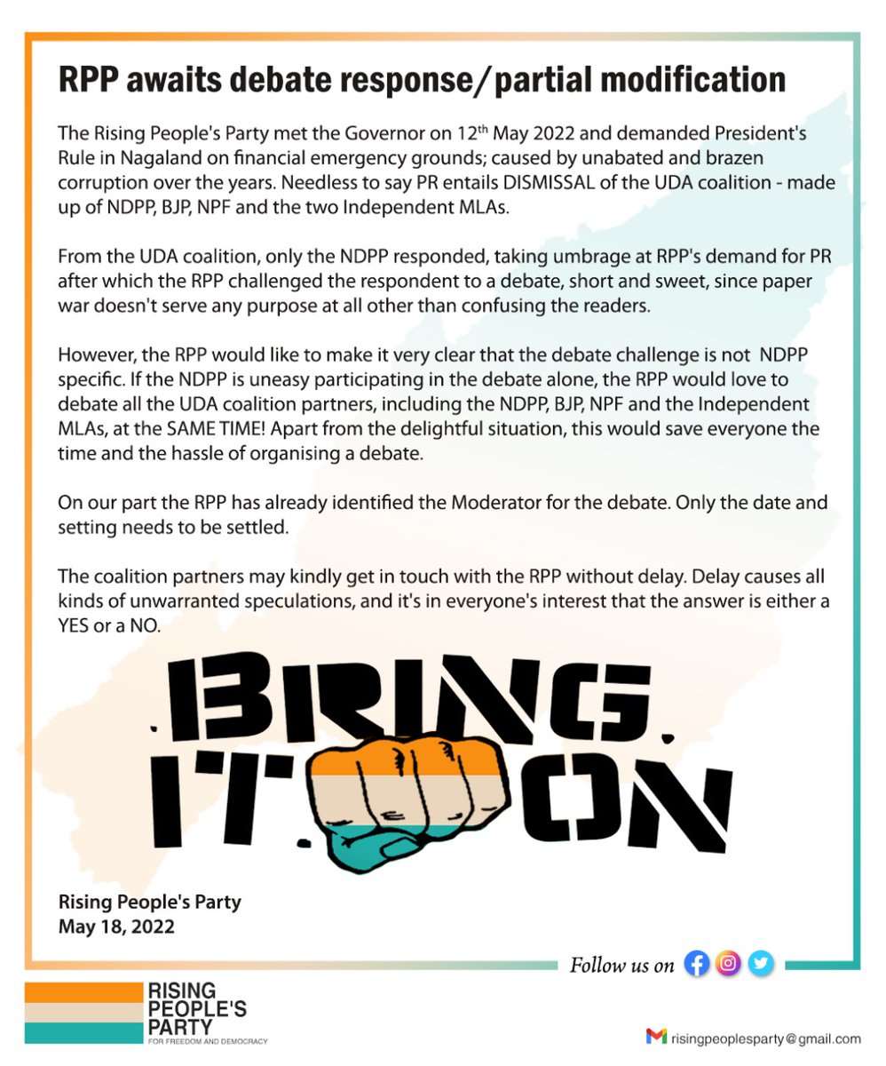 RPP_Nagaland's tweet photo. Debate is the heartbeat of democracy....
@NDPPofficial @Neiphiu_Rio @YanthungoPatton @MyGovNagaland @toramatix @VTokato @ZhokhoiC @rahconteur @AnganaCk @sangbarooahpish @bikash_ET @KamalikaSengupt @sunetrac @NandyGram @TedhiLakeer 

@himantabiswa @KirenRijiju @ZhokhoiC https://t.co/5l1GNi8l8r
