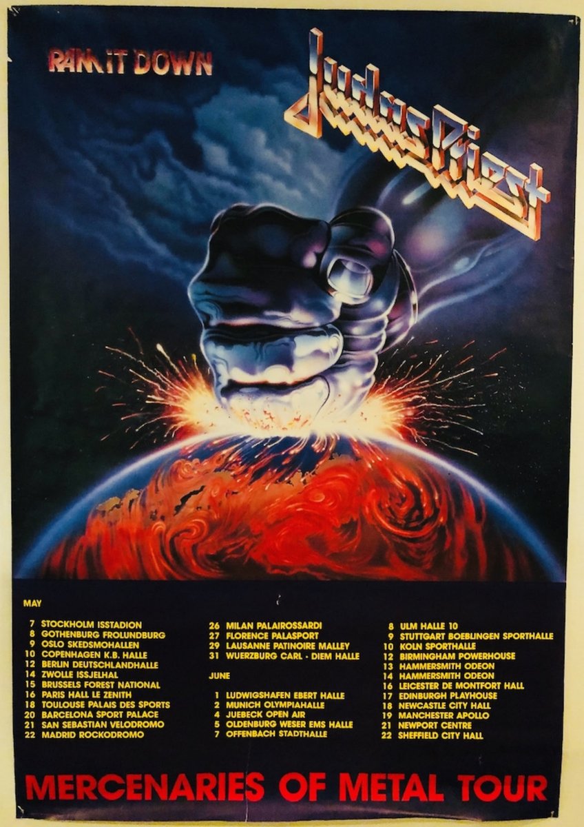 lumpfish7's tweet photo. Happy belated 34th Birthday Ram IT Down. My original 40x60 inch Mercenaries Of Metal tour poster purchased outside of the Hammersmith Odeon June 13, 1988 ⁦@judaspriest⁩ #ramitdown #50heavymetalyears #judaspriest #sinner #robhalford #glenntipton #ianhill #ramitdownshoveitup https://t.co/ql77TB0QNO