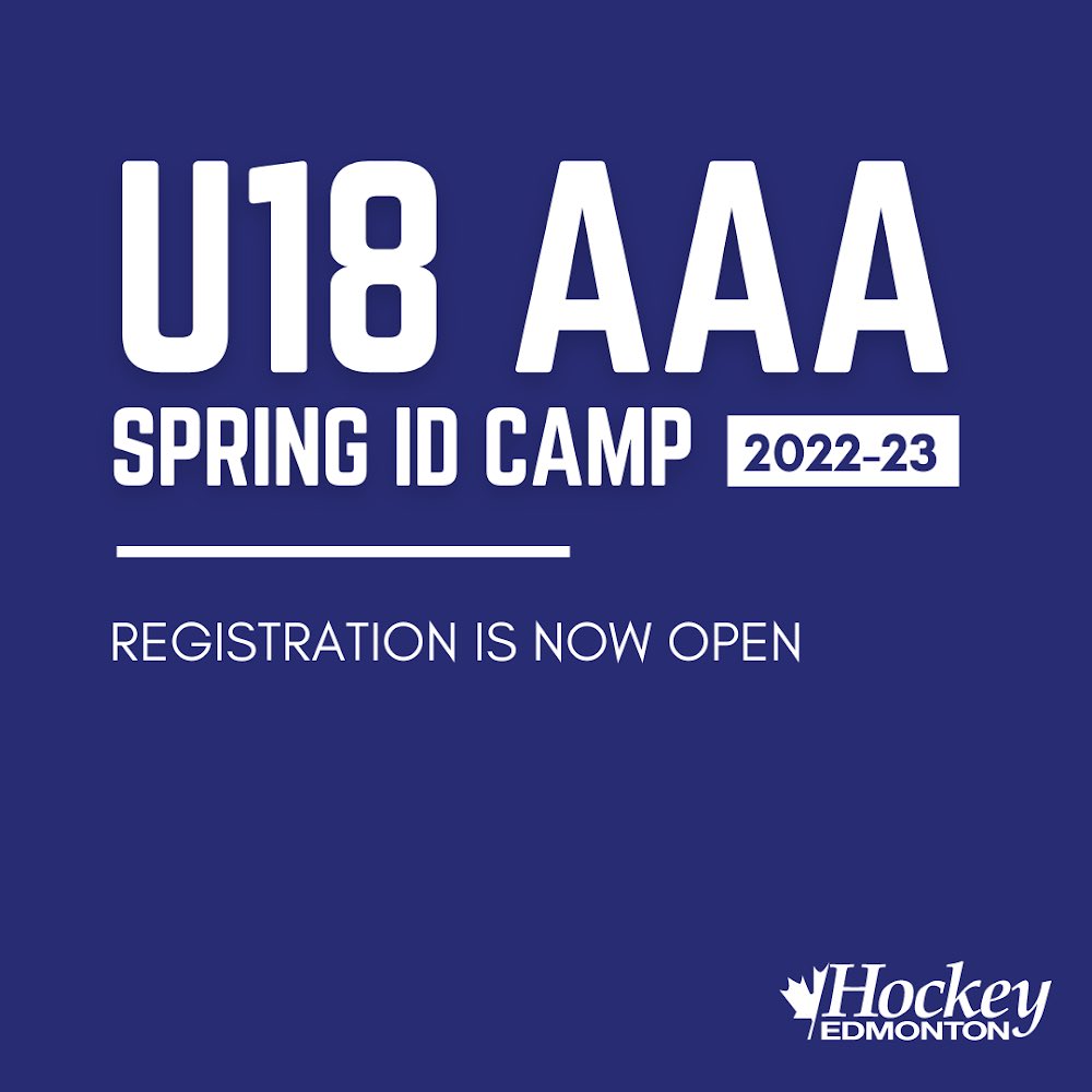Hockey Edmonton is proud to announce 2022-23 Spring ID Camp (May 30 to June 1) registration for the two male U18 AAA teams. Stay tuned… More exciting program information will be revealed on Monday, May 23, 2022. <a href="/EdmontonOilers/">Edmonton Oilers</a>

🔗 DETAILS | bitly.ws/rqsF