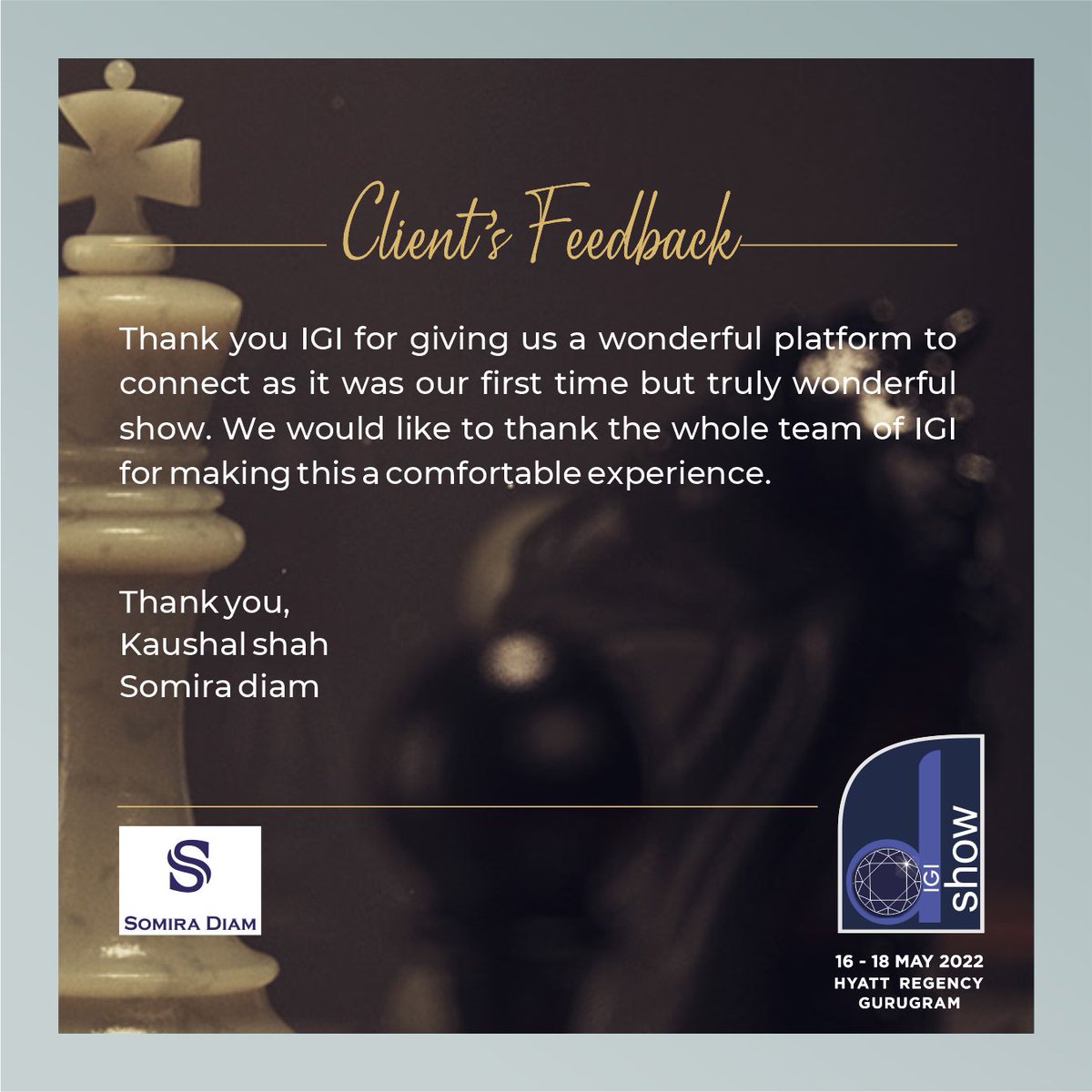 igiworldwide's tweet photo. Our first time exhibitor #somiradiam has something wonderful to say about the IGI D SHOW.
#igidshow #testimonial #customerreview #clientfeedback #clientdiaries #igi #igicertified #igicertifieddiamonds #diamondjewelry #hyatt #gurugram #diamondshow #business #businessmeet #feedback https://t.co/NPhSvDTOqu
