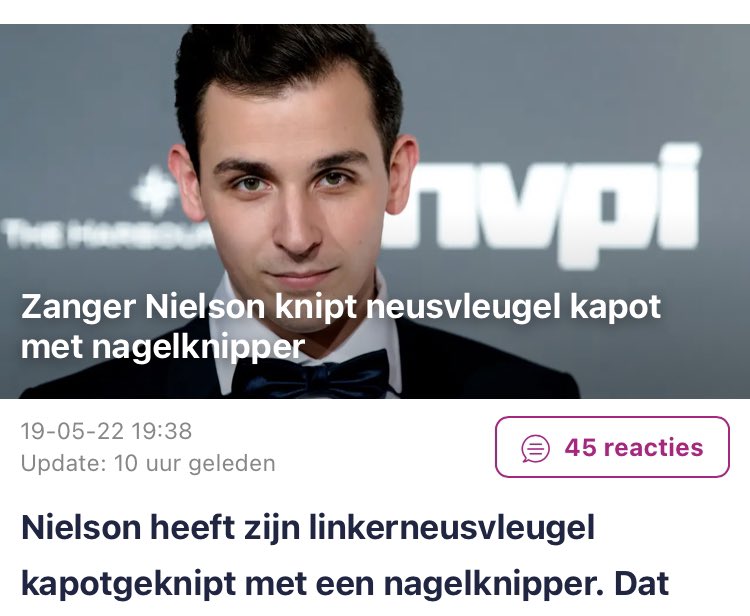 NormaleMensen's tweet image. 1888: Vincent van Gogh snijdt zijn oor eraf. 
2022: Nielson knipt zijn neusvleugel kapot. 

Dan kun je zeggen ‘ik zie het verband niet’, maar dit is een oude foto van Nielson.