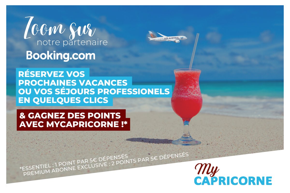 Vous êtes membre de notre programme de fidélité MyCapricorne ?  Préparez vos prochaines vacances ou votre prochain déplacement professionnel grâce notre partenaire 👉 Booking.com 😎✈️ Rendez-vous sur le site dédié pour vos réservations : bit.ly/3MRwvfG