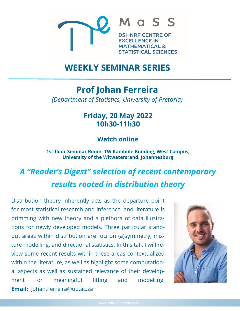 CoEMaSS's tweet photo. We're excited to be hosting a seminar with @statisafrican of @UPTuks on A “Reader’s Digest” selection of recent contemporary results rooted in distribution theory. For more information, and to join: https://t.co/t9dcIt5EQE
#statistics #mathematics #postgrad #postdoc #research https://t.co/7Mke3tx8Gl