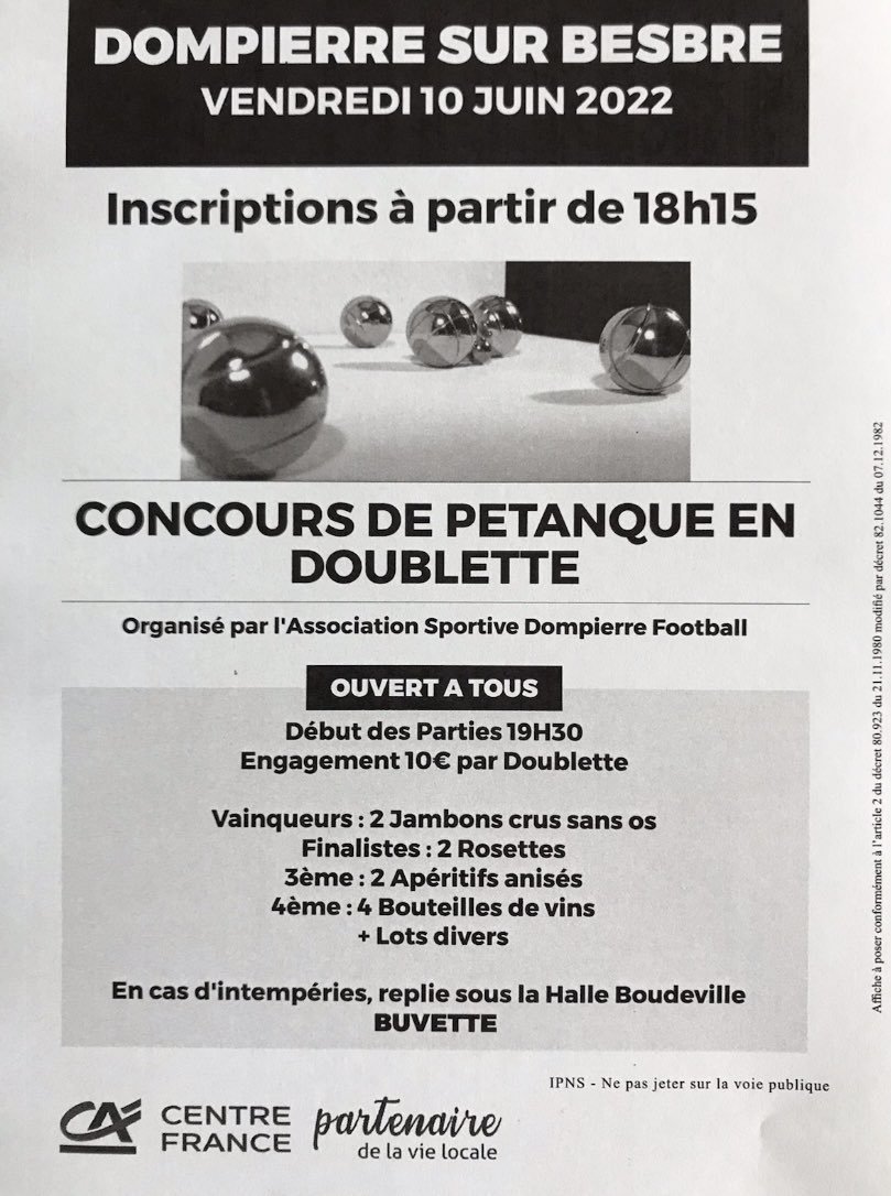 ASDompierre_03's tweet photo. Concours de pétanque le vendredi 10 juin à Dompierre on vous attend nombreux 🔵⚪️🍻 https://t.co/c0BaSoh4cH