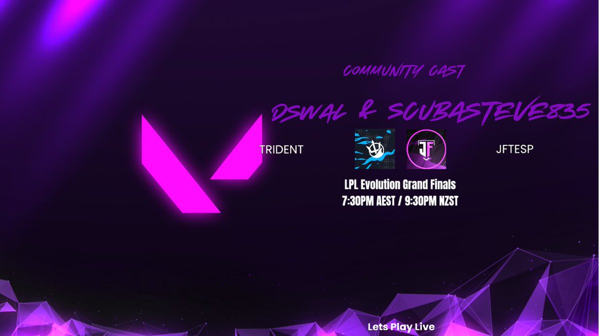 What's this? An evolution grand finals with some cracking Oceanic Valorant Teams. 

Tonight <a href="/TridentEsports/">Trident Esports</a> taking on <a href="/JFTesp/">JFT</a> 

Along side me to bring you the carnage is <a href="/ScubaSteve835/">ScubaSteve835</a> 

📺twitch.tv/dswal
🕢7:30PM AEST

#esports #oce