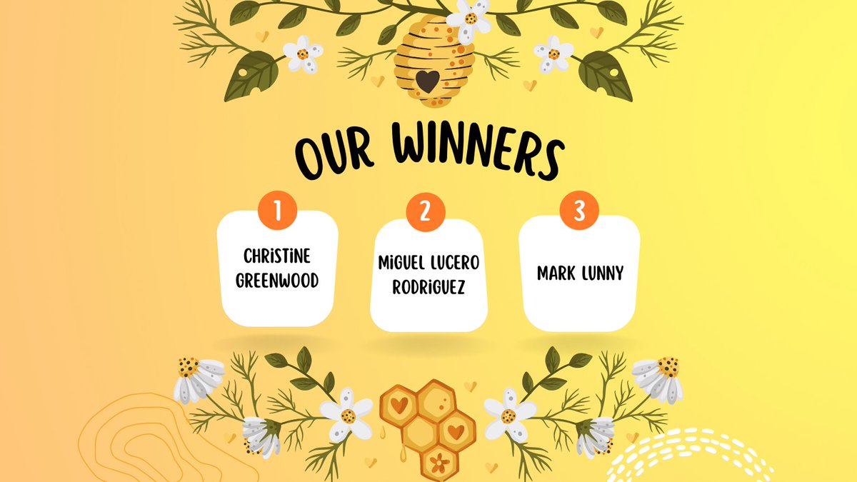 ApiaryBook's tweet photo. Today is the day you’ve been waiting for! 
On the 20th of May, the whole world celebrates Bee Day and here at Apiary Book, we’re ready to announce the winners of our contest😀🥳
Prize 1: Christine Greenwood
Prize 2: Miguel Lucero Rodriguez
Prize 3: Mark Lunny
Thank you, everyone! https://t.co/jmmuF9IyGQ