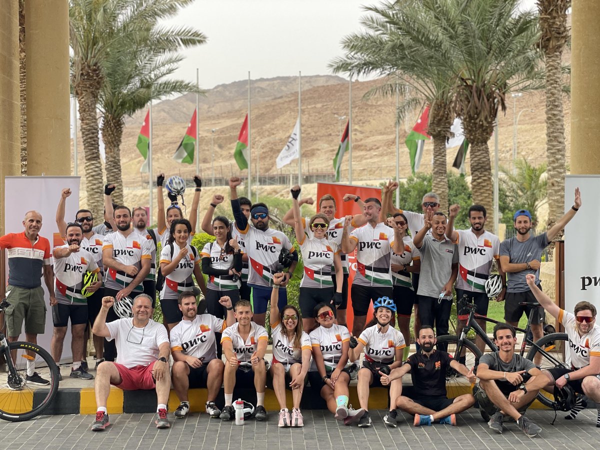 PwC_Middle_East's tweet photo. They came, they saw, they cycled! We're #PwCProud of our 21 cyclists from our Jordan &amp; UAE offices for completing the Red to Dead challenge. The team cycled 220 km in 2 days to support the Refugee Education program in Jordan, in partnership with @DubaiCares. Well done everyone! https://t.co/js5XN7N6uz