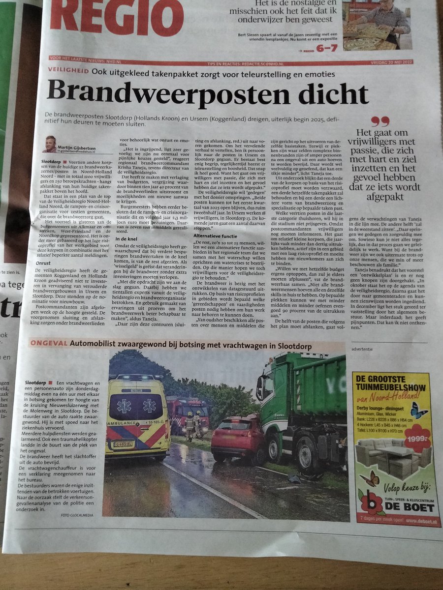 EJuurlink's tweet photo. De krant heeft op 1 pagina de pijn van de vrijwillige brandweer weergegeven. Deze zware ongelukken in het buitengebied zijn weinig (gelukkig) maar behoeve snelle actie, (20 jaar ervaring), welke wordt weggenomen. https://t.co/5UXEGfTxdl