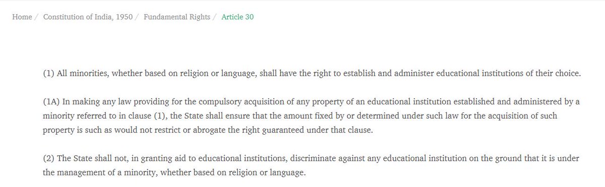 Article 30 says1.All minorities shall have the right to establish and administer educational inst of their choice.2.The State shall not, in granting aid to educational inst, discriminate against any educational institution on ground that it is under management of a minority