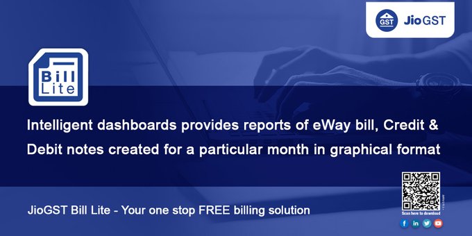 JioGST's tweet photo. Intelligent dashboards on #JioGST Bill Lite provides reports of E-Way bills, Credit &amp; Debit notes created for a particular month in graphical format. Download #JioGST Bill Lite for free from here: https://t.co/wn80dkVWks https://t.co/htxF4XZQuP