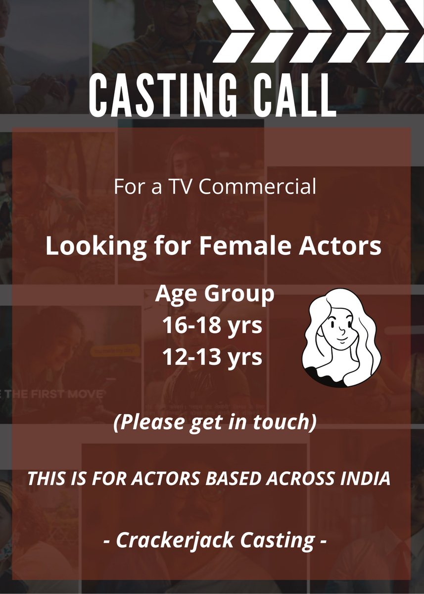 CastCrackerjack's tweet photo. Hi, 
Looking for female actors in the age group of 16-18 and 12-13 years for a TVC.
-Please get in touch. 
-All India.

#castingcall #casting #cast #actor #female #age #india #call #audition #film #tvc #ad https://t.co/EmNNTrb3QY
