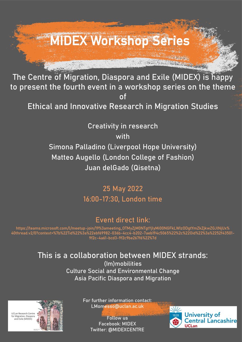We are happy to invite you to the last  MIDEX Workshop Series of the year on the theme Creativity in Research. Join us Wednesday next week, 25 of May, 4-5.30PM (UK Time). Teams link: bit.ly/3MrjZ6N