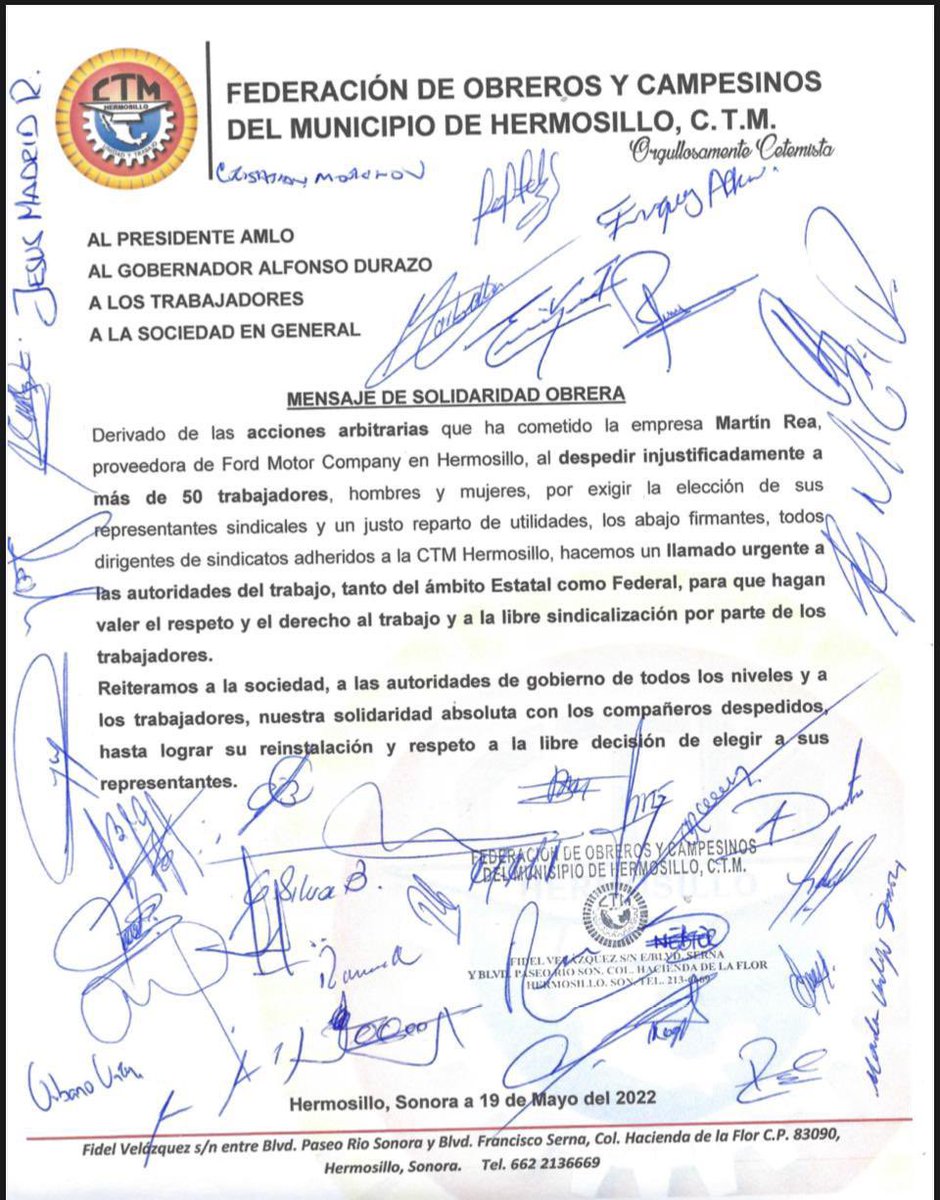 Sindicatos cetemistas que representan a más de 30 mil trabajadores de Hermosillo hacen un llamado a Pdte. <a href="/lopezobrador_/">Andrés Manuel</a> y al Gob. <a href="/AlfonsoDurazo/">Alfonso Durazo</a> para agilizar la reinstalación de los 53 trabajadores  despedidos injustamente de la empresa Martín Rea.

bit.ly/3yQjRde