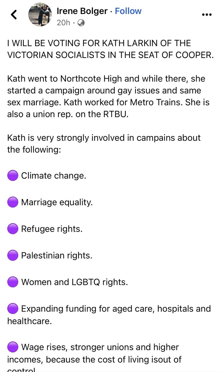 VicSoc4Cooper's tweet photo. A real honour to have the endorsement of Irene Bolger. She built a rank and file movement within the nurses’ union that led to the incredible 1986 nurses strike. The strike smashed through sexist stereotypes and won significant improvements for nurses and public health #auspol https://t.co/GYs6ErdiXF