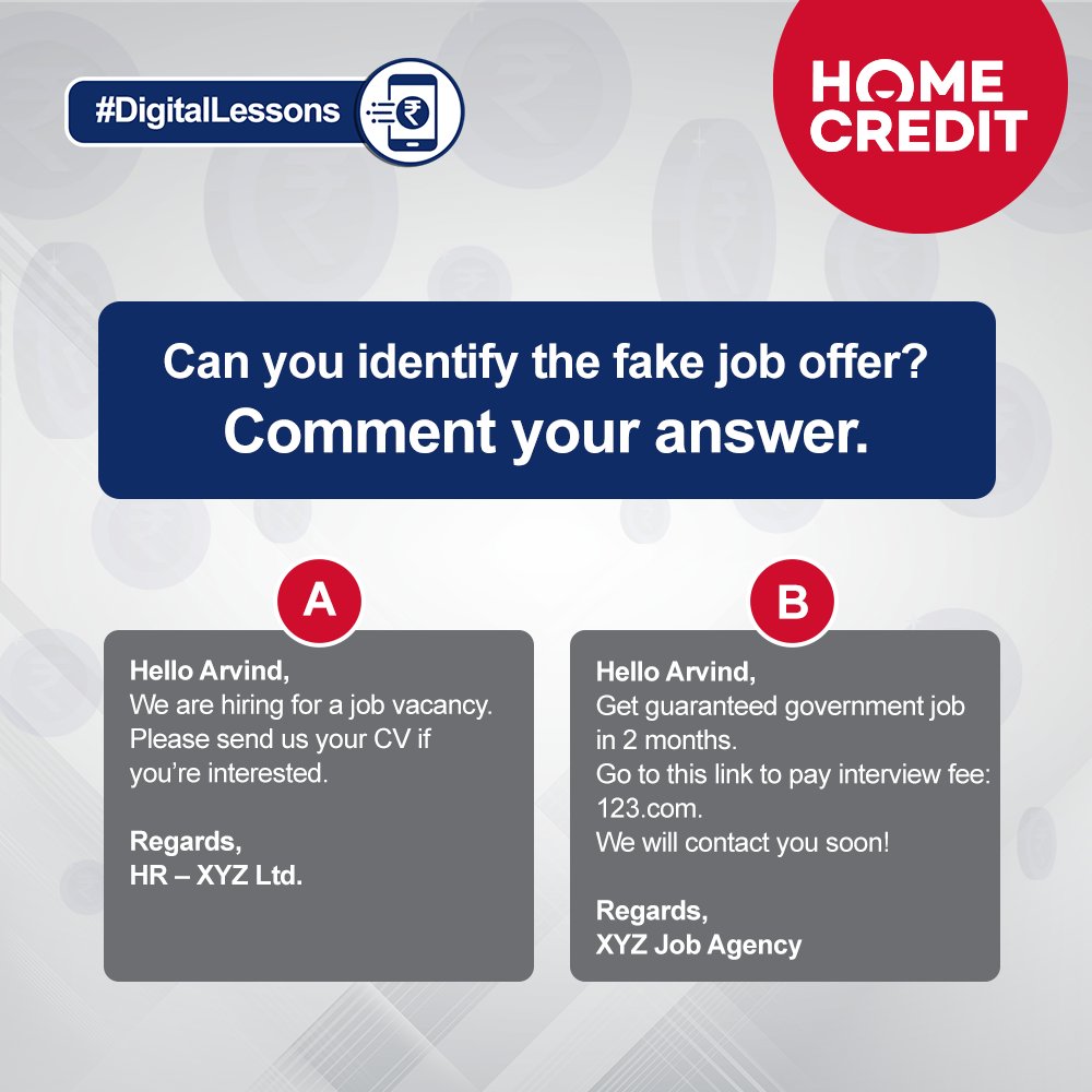 HomeCredit_In's tweet image. Kya aapko yaad hai, fake job offer avoid karne ka #DigitalLesson?

Comment karein niche diye question ka sahi answer! 

Check out the last update on #PaiseKiPaathshala for more information.

#FinancialLiteracy #DigitalLessons