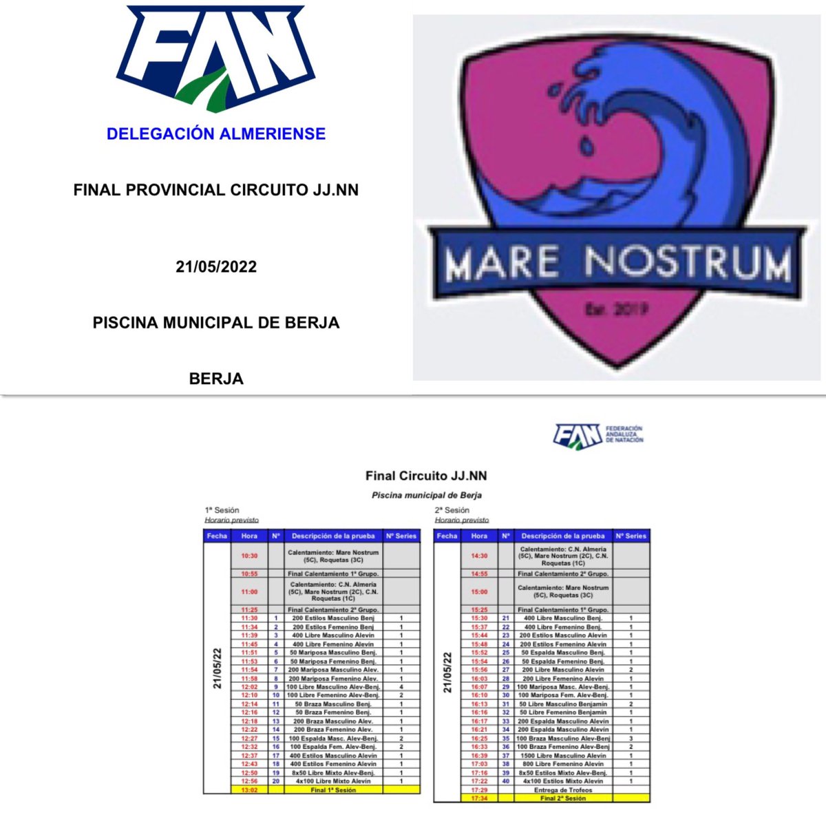 cnmarenostrum's tweet photo. Mañana se celebra la Final Provincial JJNN en la que participan nuestros nadadores benjamines y alevines.
Será en el Complejo Municipal de Berja en sesión de mañana y de tarde.
¡A por todas!
#cnmarenostrun #gomarenostrum #granequipo #fan #natacion #finalprovincial https://t.co/bkN30Ffq6Y