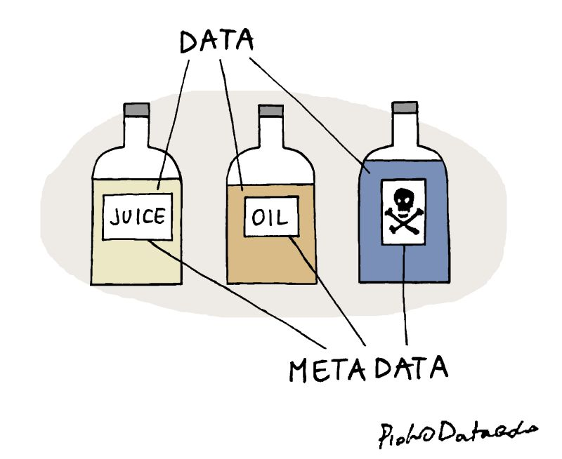 An image with three bottles with coloured substances and labels. The content of the bottles is the data, and the labels are the metadata. This is helpful information if you want to distinguish between a bottle with labels that say: Juice, Oil and a skull.