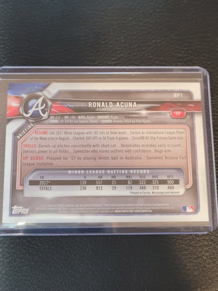 Bowmanking32's tweet photo. Acuna rookie 058/499 $500 https://t.co/y3DOkKjviv