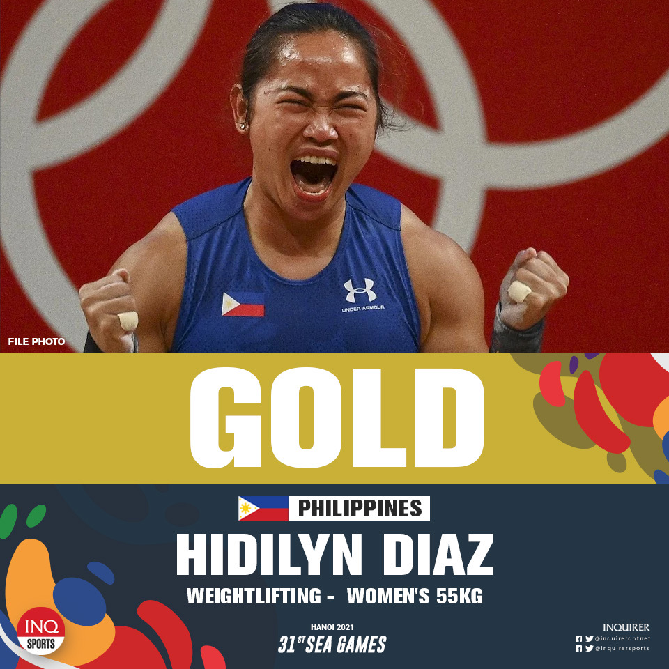 Hidilyn Diaz does it again! She wins her second medal in the #SEAGames after ruling the women's 55kg where she also won a gold in the Olympics! 🇵🇭
