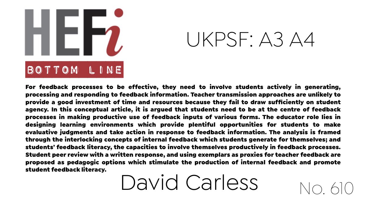 For feedback processes to be effective, they need to involve students actively in generating, processing and responding to feedback information. Teacher transmission approaches are unlikely to provide a good investment of time and resources because they fail to draw sufficiently on student agency. In this conceptual article, it is argued that students need to be at the centre of feedback processes in making productive use of feedback inputs of various forms. The educator role lies in designing learning environments which provide plentiful opportunities for students to make evaluative judgments and take action in response to feedback information. The analysis is framed through the interlocking concepts of internal feedback which students generate for themselves; and students’ feedback literacy, the capacities to involve themselves productively in feedback processes...