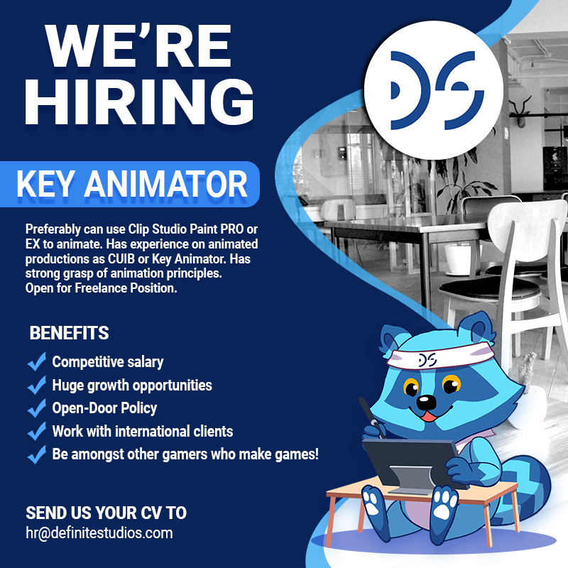 definitestudios's tweet photo. Definite Studios is looking for talented Animators to join our team!
Be amongst other gamers who make games!
Send your resume and portfolio to: hr@definitestudios.com
#DefiniteStudios #Definitelyhiring
#LifeAtDefinite #Hiring #VFXAnimator #KeyAnimator https://t.co/H7BniMkl5a