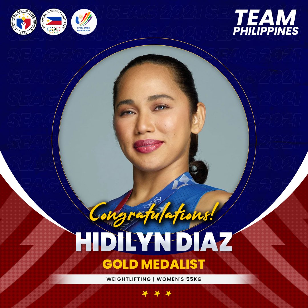 psc_gov's tweet photo. 𝐆𝐎𝐋𝐃𝐄𝐍 𝐋𝐈𝐅𝐓! 🇵🇭🥇

Our very own Olympic gold medalist Hidilyn Diaz remains at the top of Southeast Asia as she lifts and wins Team Philippines its 1st gold medal in Weightlifting Women’s 55kg. event at #SEAGames31.

Mabuhay ang #GalingngAtletangPinoysaHanoi! 🇵🇭 https://t.co/Aw749Beaxl