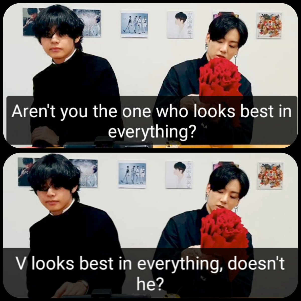 Vkook_soul_'s tweet photo. 🐰: Разве ты не из тех, кто всегда и во всём выглядит лучше всех? 
🐰: Ви выглядит лучше всех! Не так ли?
🐻: Приятно слышать это от Чонгука, кот��рый во всём лучший. 

Стандартный диалог двух мужей, те что по уши 😌 https://t.co/YEbOvntSIl