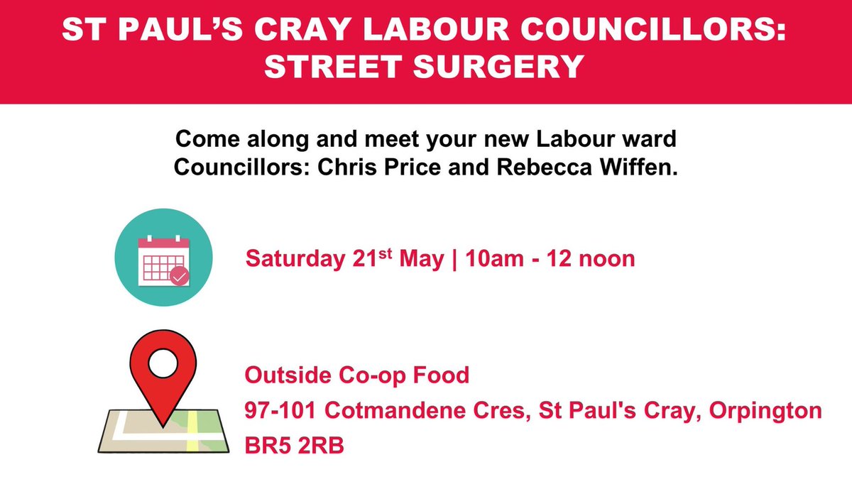 orpingtonlabour's tweet photo. #StPaulsCray Resident?
Come and meet @Chrisprice111 and @RLWiffen your new Labour Councillors TOMORROW (Saturday) in Cotmandene between 10am-12pm
#StreetSurgery #LabourAtWork
@labour4bromley @BromChisLabour https://t.co/TcDCItj52M