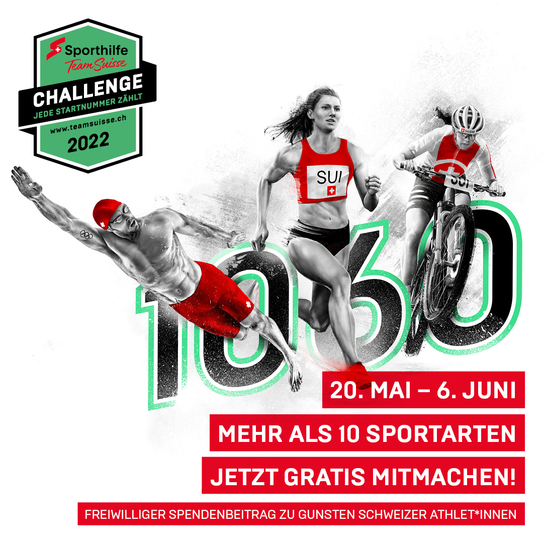 Ab heute bis am 6. Juni findet die erste Sporthilfe Team Suisse Challenge statt. In über 10 verschiedenen Sportarten kann jede*r Sportbegeisterte gratis teilnehmen. Jetzt anmelden auf teamsuisse.ch, denn jede Startnummer zählt!