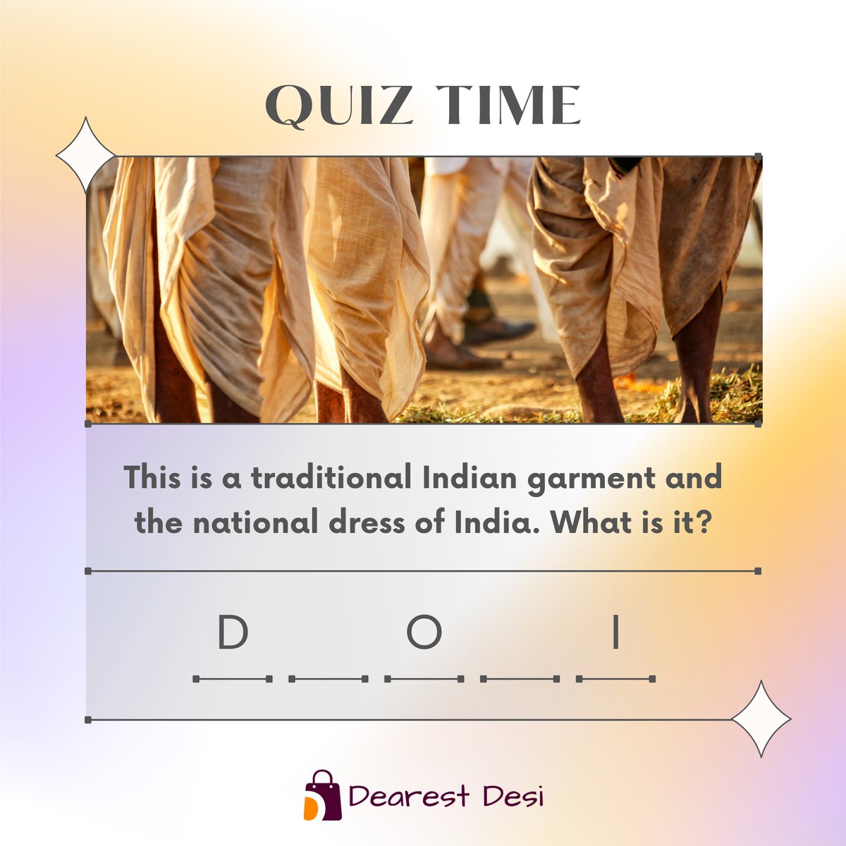 desi_dearest's tweet image. Friday Quiz!!

Are you aware of traditional clothing?

Tell us your answer in the comment section fast!
.
.
.
.
#friday #quiz #game #puzzle #dearestdesi #shopnow #sellnow #seller  #sellerregistration #newproducts #clothing #homedecor #jewellery #saree #ethnic