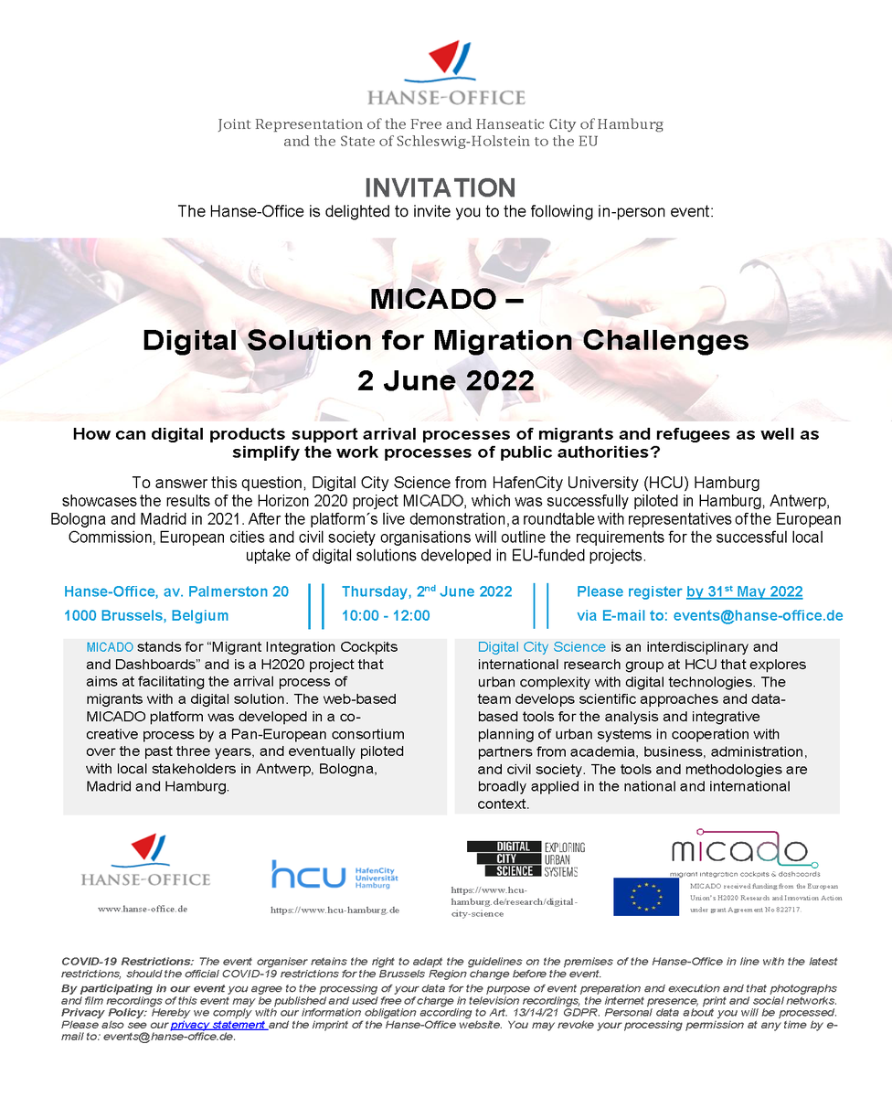 Join us in Brussels on 🗓️2nd of June to experience the <a href="/H2020Micado/">MICADO H2020</a> solution and discuss how digital products can support migrants and public administrations. We particularly welcome #cityRepresentatives interested in taking up Micado. 
✍️Register via events@hanse-office.de