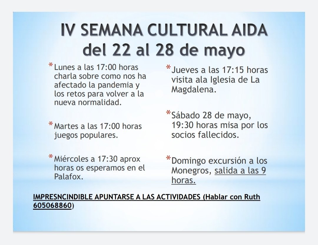 ¡La semana que viene llega llena de actividades! 

Celebramos la IV semana cultural de AIDA

Una semana llena de actividades que podéis ver en la publicación y que termina con una excursión. ¡No os lo podéis perder!¡Va a ser una gran semana!

#ictus #asociacion #semanacultural