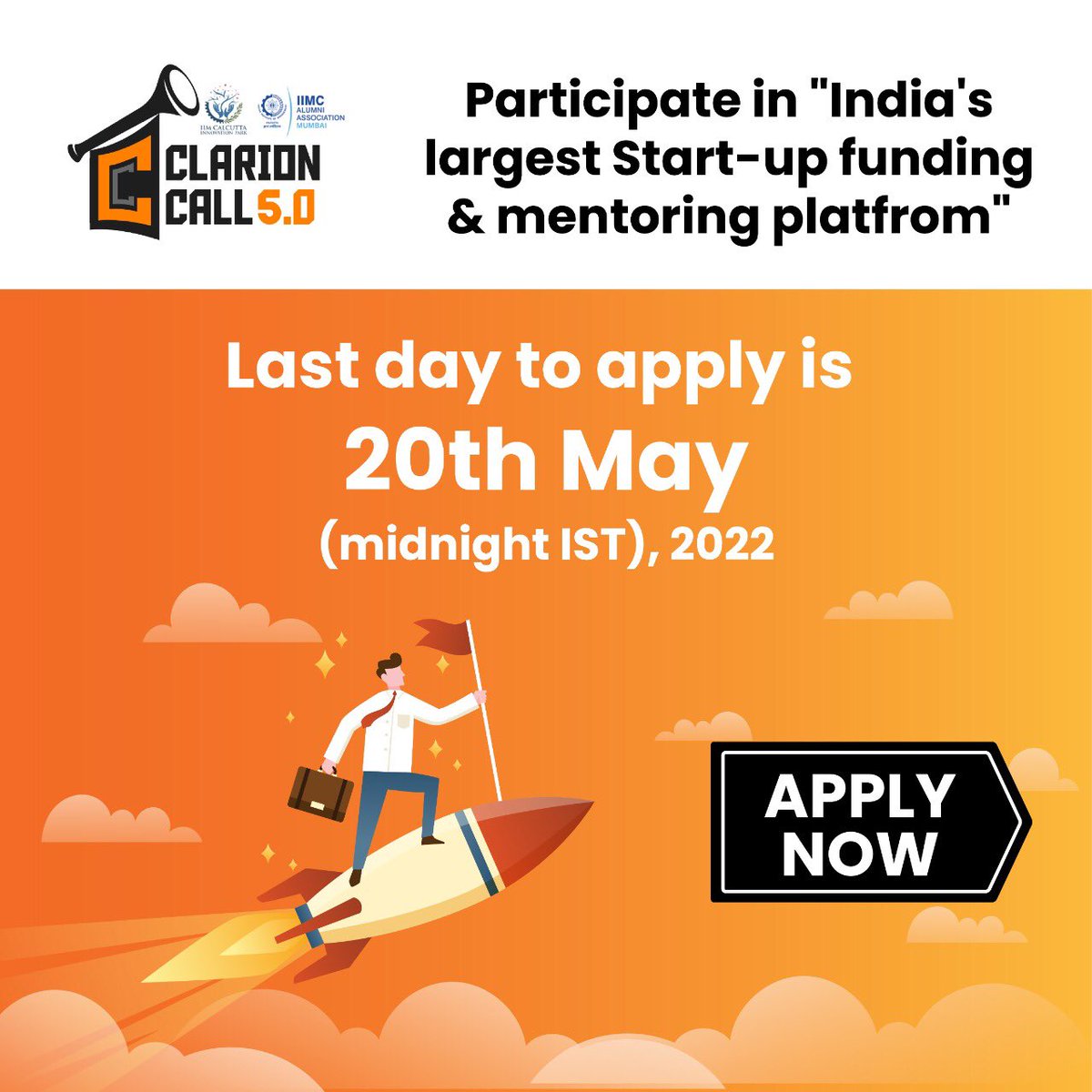 ⏳⌛ The countdown has begun. Registrations closes today (20th May). 
Early revenue start-ups, don't miss this golden chance. 
.
Apply Now bit.ly/Clarion-Call 
.
<a href="/IIFLWEALTH/">IIFLWEALTH</a> <a href="/IDFCFIRSTBank/">IDFC FIRST Bank</a> <a href="/PayUindia/">PayU India</a> <a href="/PwC/">PwC</a> <a href="/ficci_india/">FICCI</a> <a href="/NASSCOMStartUps/">nasscom startups</a> <a href="/FreshworksInc/">Freshworks Inc</a> <a href="/qapita/">Qapita</a> 
#ClarionCall5